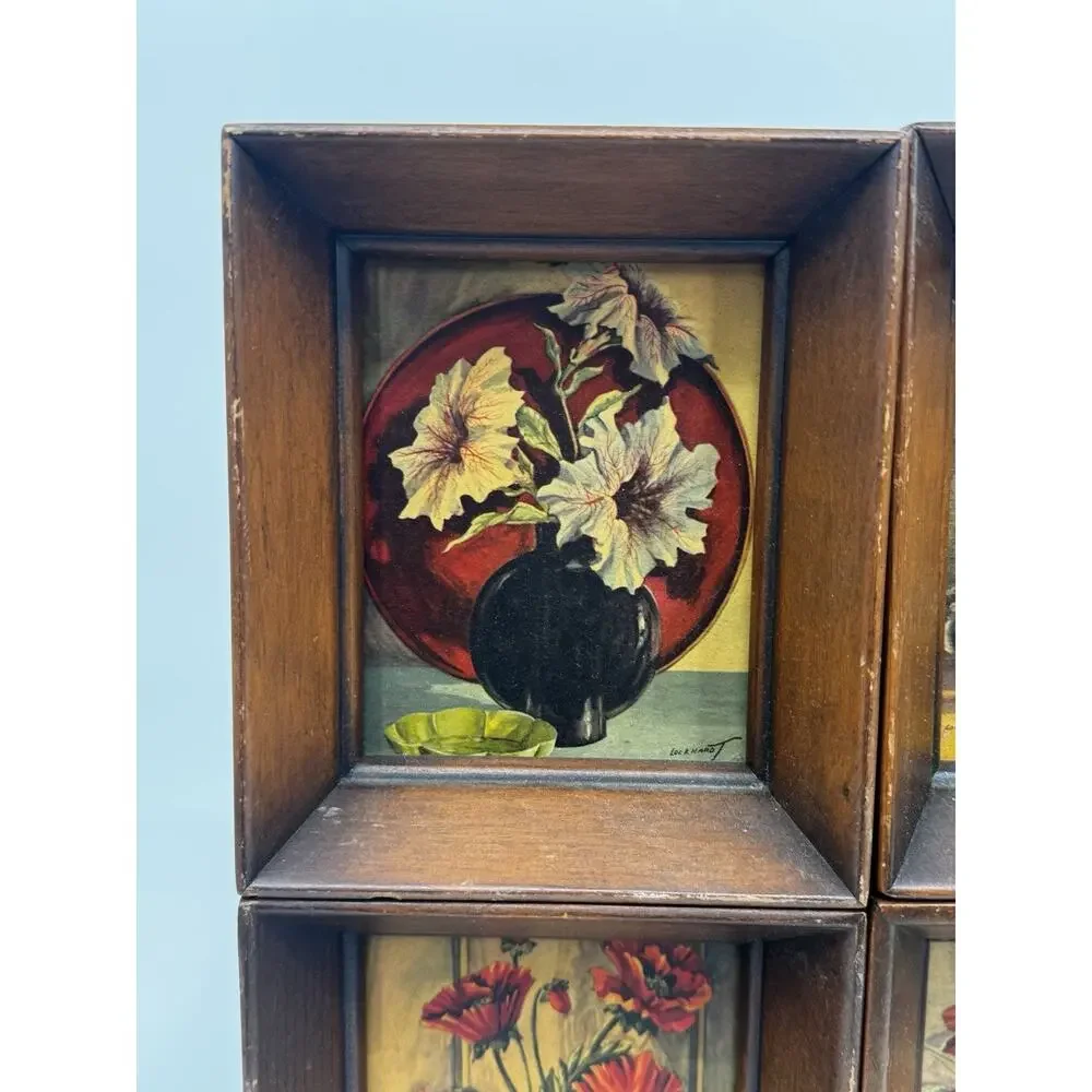 Lockhardt Floral Prints Vintage Wooden Framed Set of 4 Small Artworks 5x6 Each